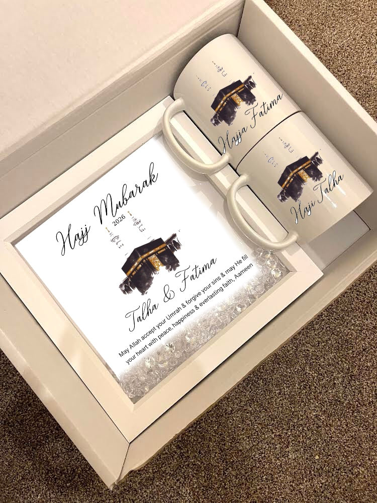 Personalised Hajj Mubarak Gift Set 2026 Haji Hajja Kabah Makkah Madinah Names Pilgrimage Dua Frame Mugs Couple Husband Wife Family Parents