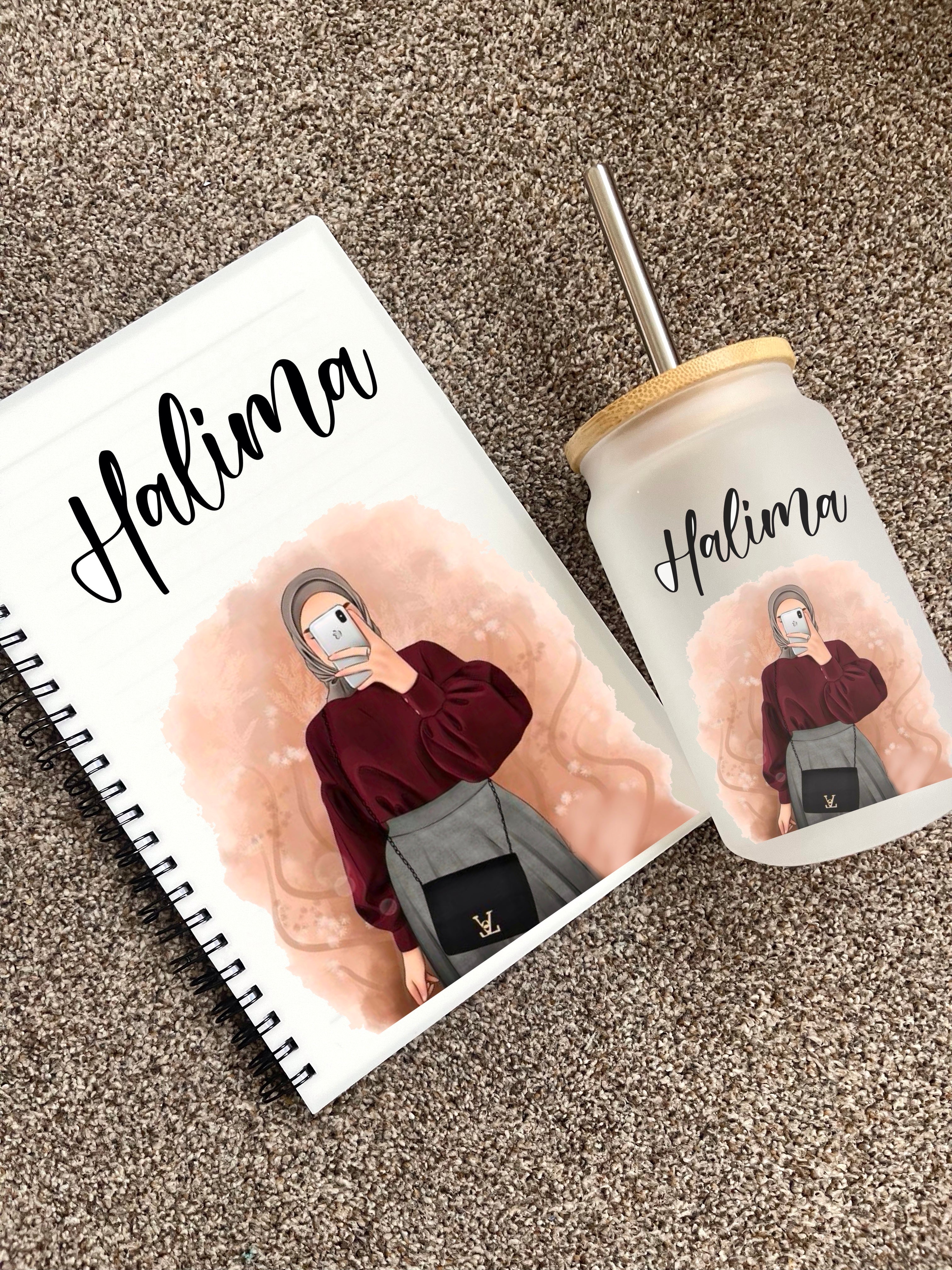 Personalised Hijabi Girl Gift Set University Student Tumbler Tea Coffee Lover Arabic Name Notebook Teacher Sister Friend