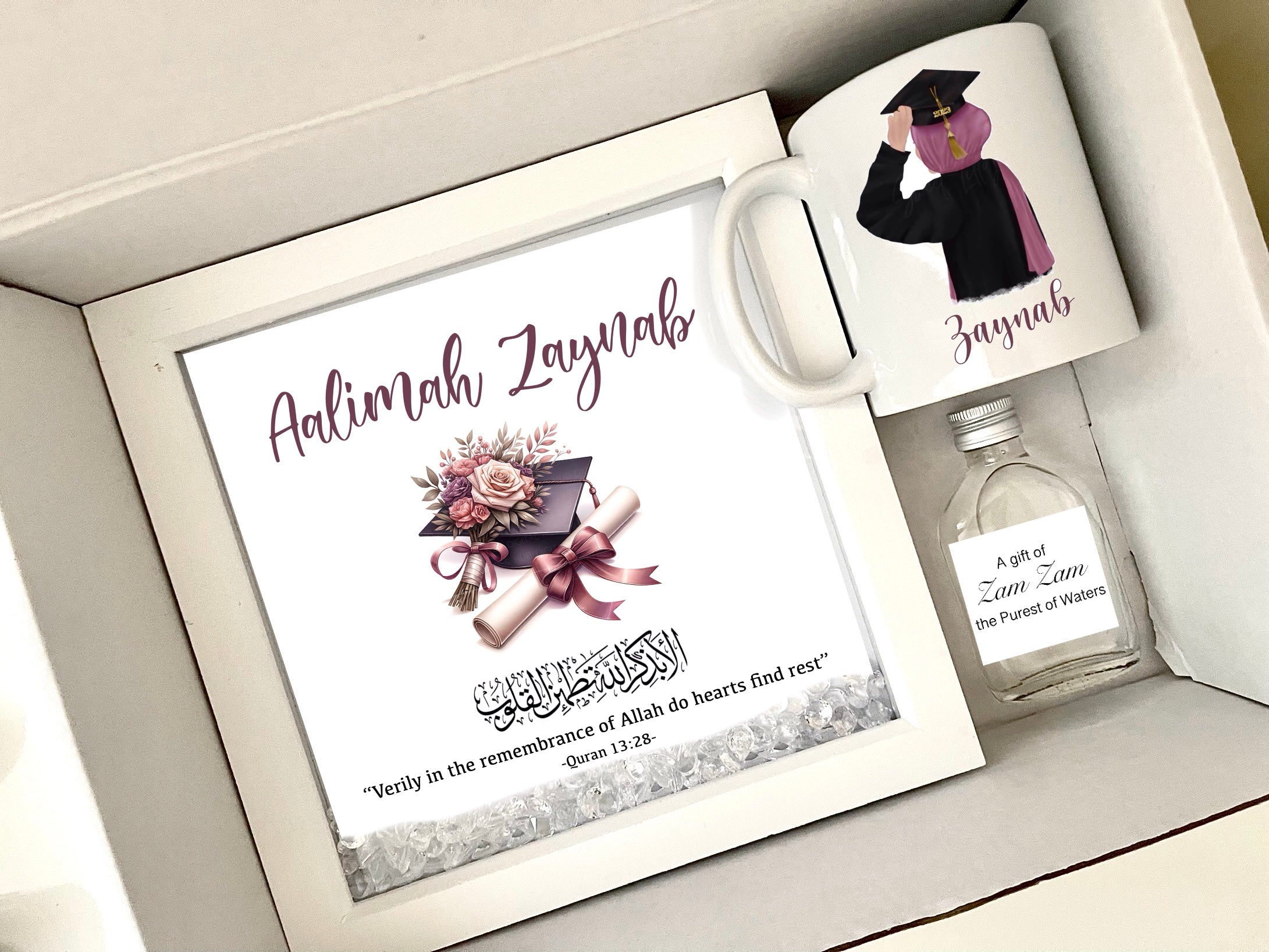 Personalised Islamic Aalimah Graduation Gift 2026 Grad Hijabi Woman Sister Friend for Her Mug Frame Zam Zam Bottle