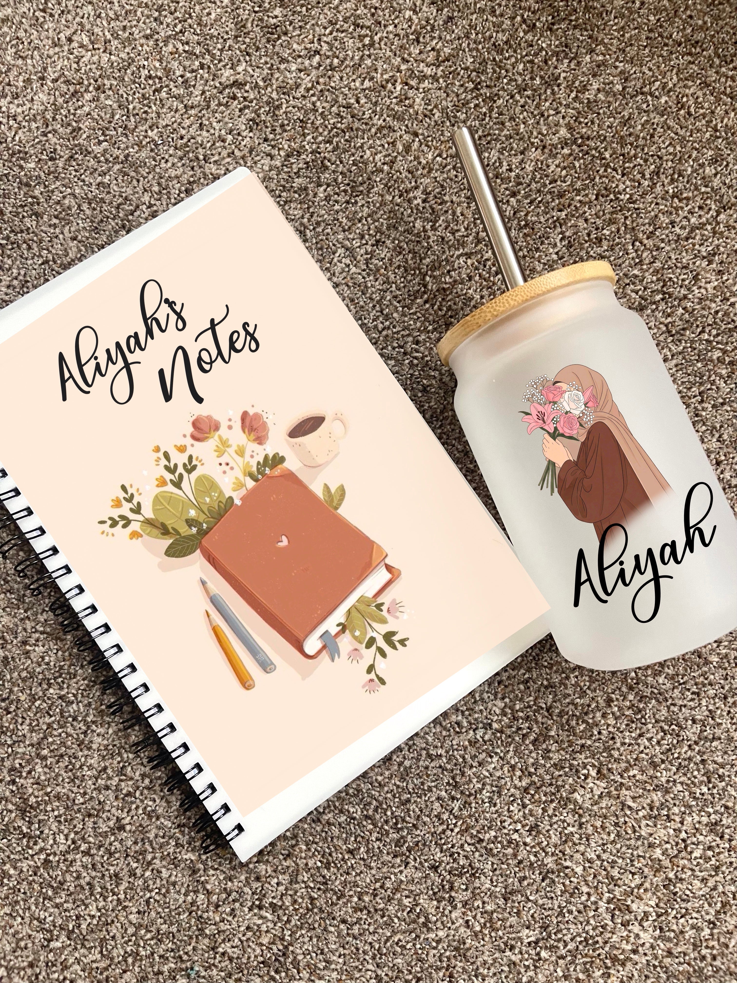 Personalised Hijabi Girl Gift Set University Student Tumbler Tea Coffee Lover Arabic Name Notebook Teacher Sister Friend