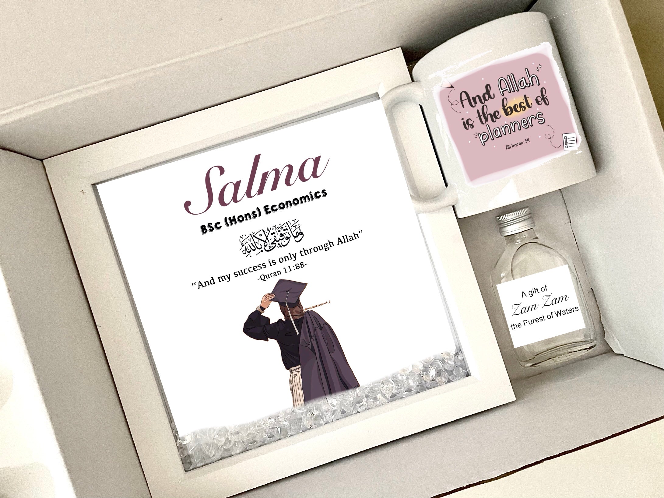 Personalised Islamic Graduation Gift 2026 Grad Hijabi Woman Sister Friend for Her Mug Frame Zam Zam Bottle