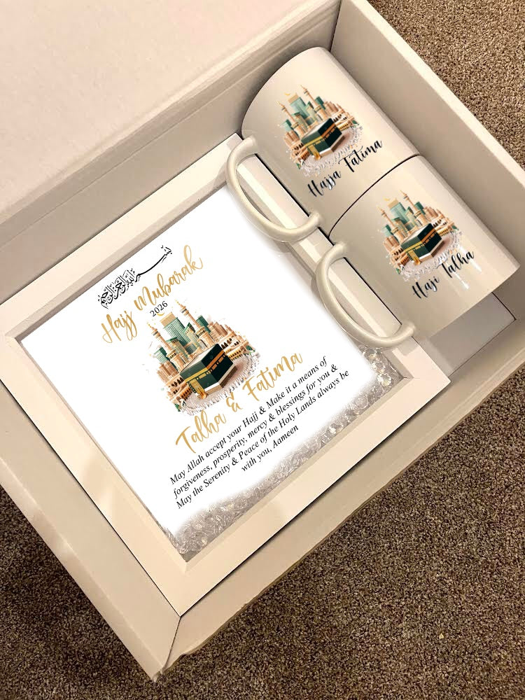Personalised Hajj Mubarak Gift Set 2026 Haji Hajja Kabah Makkah Madinah Names Pilgrimage Dua Frame Mugs Couple Husband Wife Family Parents