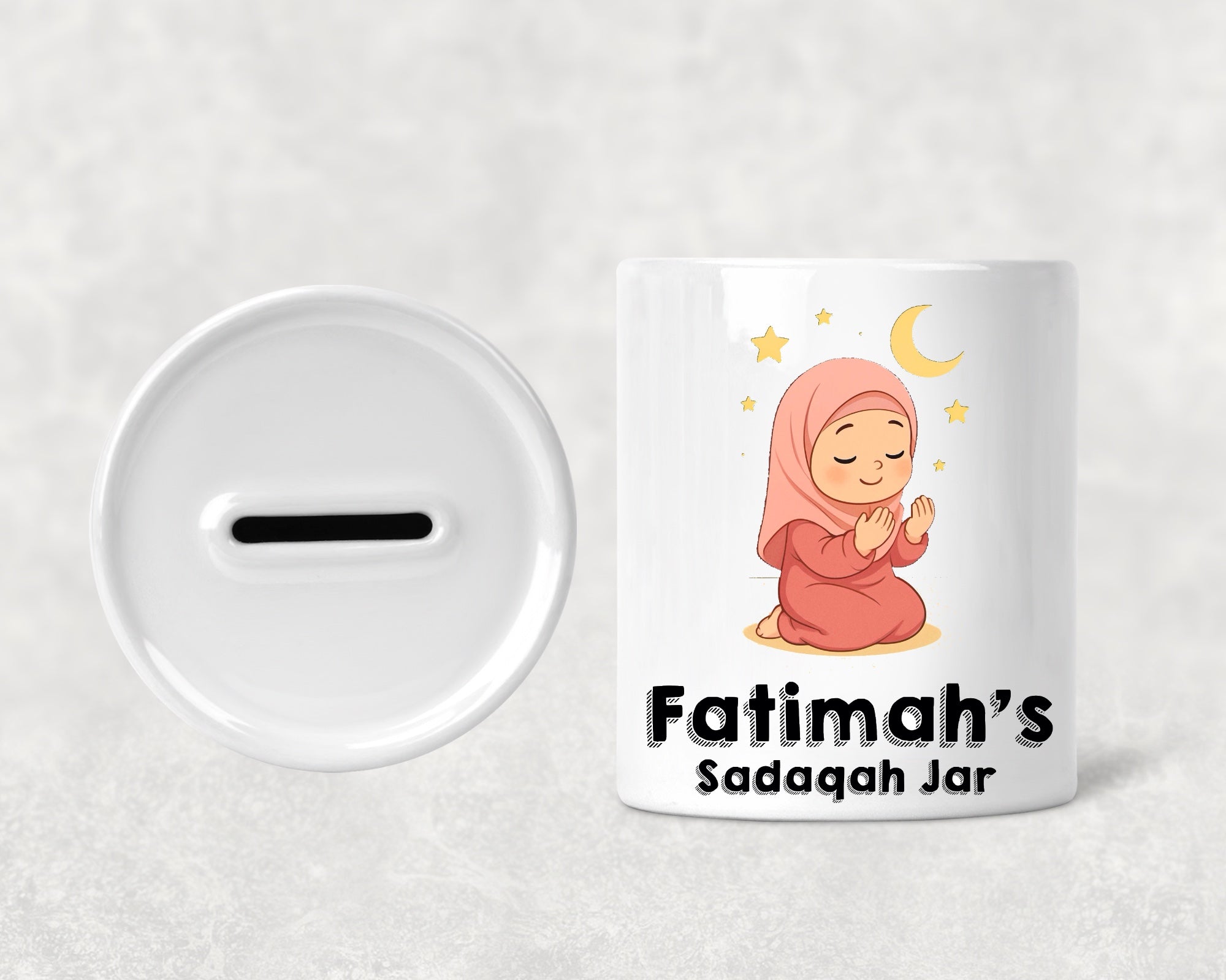 Personalised Sadaqah Jar Islamic Gift for Girls Illustration Name Hijabi Prayer School Home Decor Reward Eid Money Charity Box