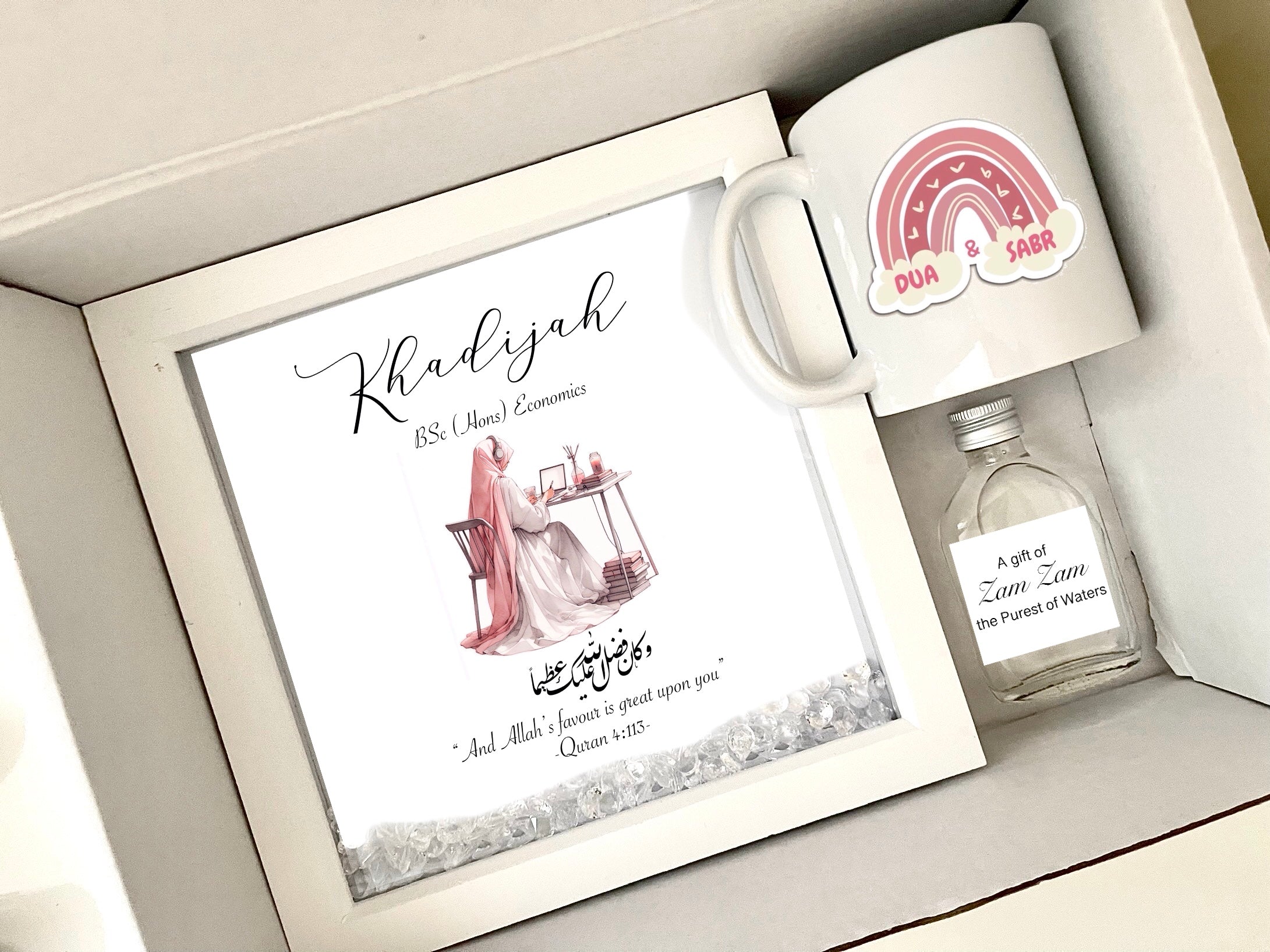 Personalised Islamic Graduation Gift 2026 Grad Hijabi Woman Sister Friend for Her Mug Frame Zam Zam Bottle