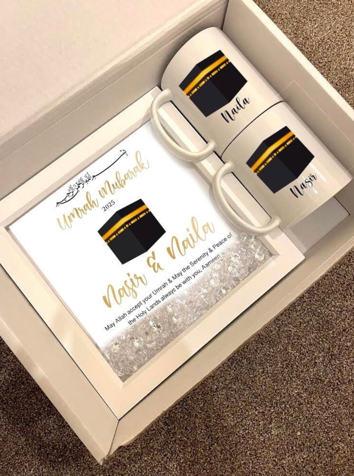 Personalised Umrah Mubarak Gift Set 2026 Picture Frame Mug Couple Family Makkah Madinah Pilgrimage Black Gold Kabah Makkah