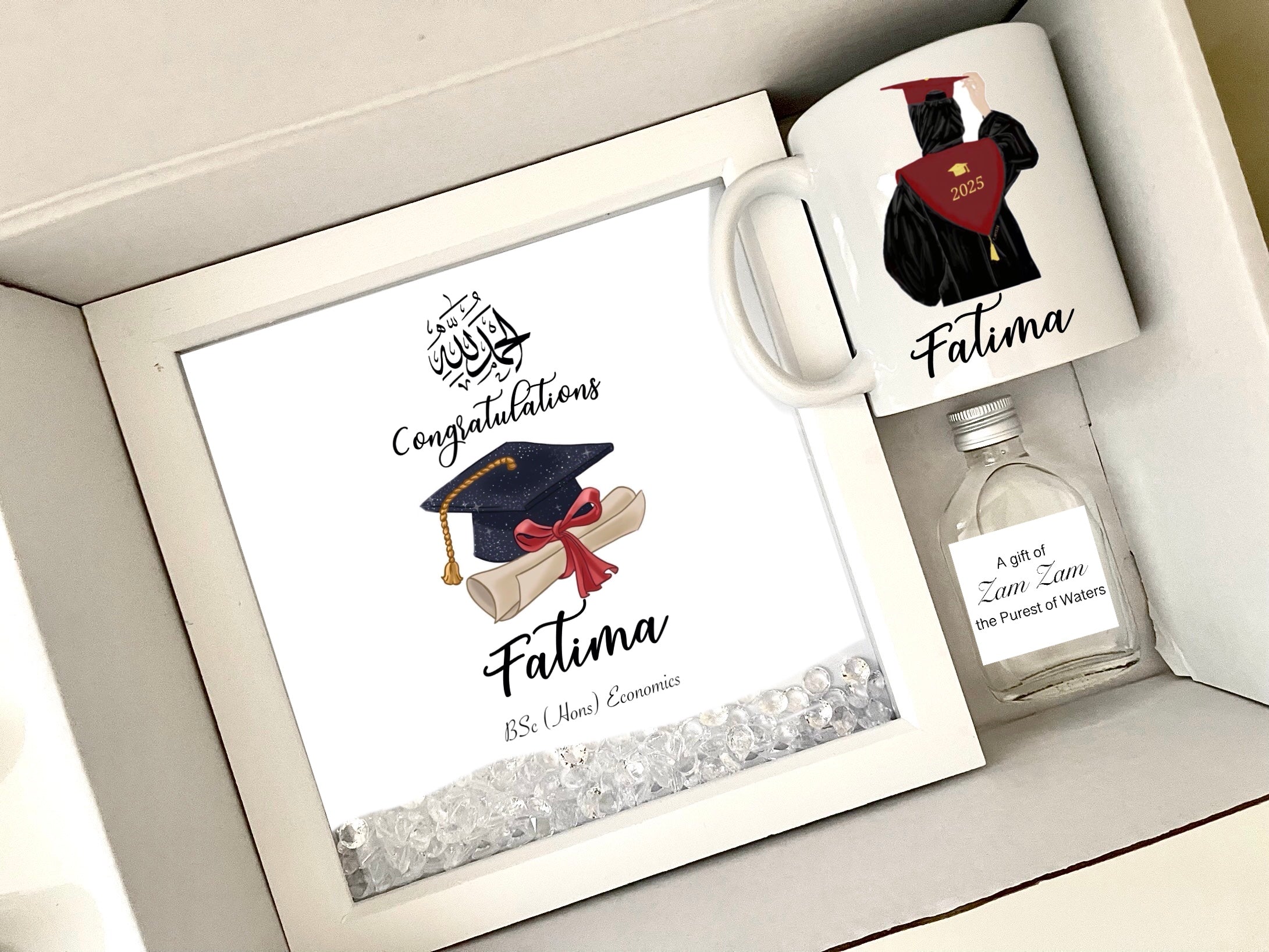 Personalised Islamic Graduation Gift 2026 Grad Hijabi Woman Sister Friend for Her Degree University Mug Frame Zam Zam Bottle