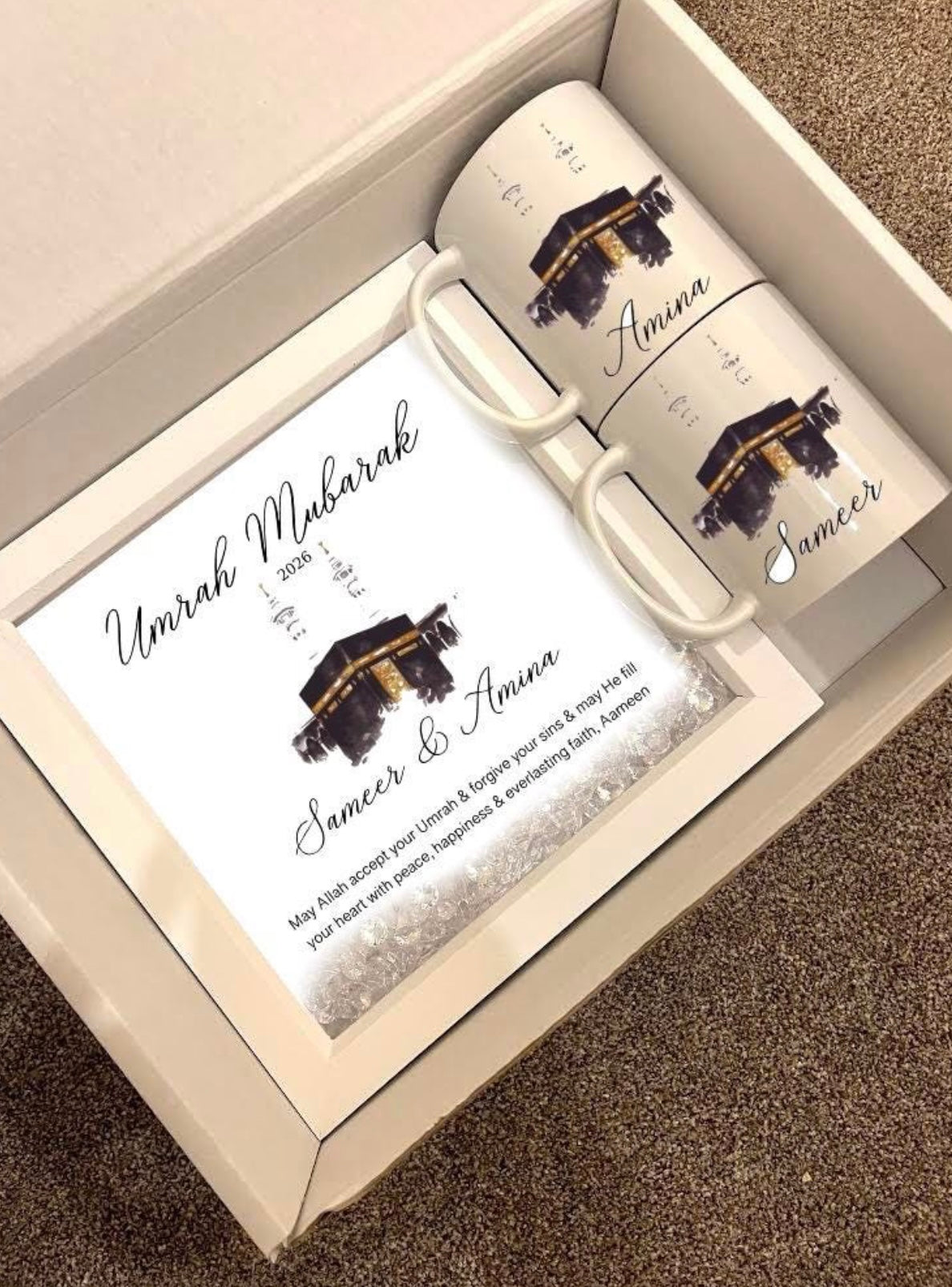 Personalised Umrah Mubarak Gift Set 2026 Picture Frame Mug Couple Family Makkah Madinah Pilgrimage Black Gold Kabah Makkah