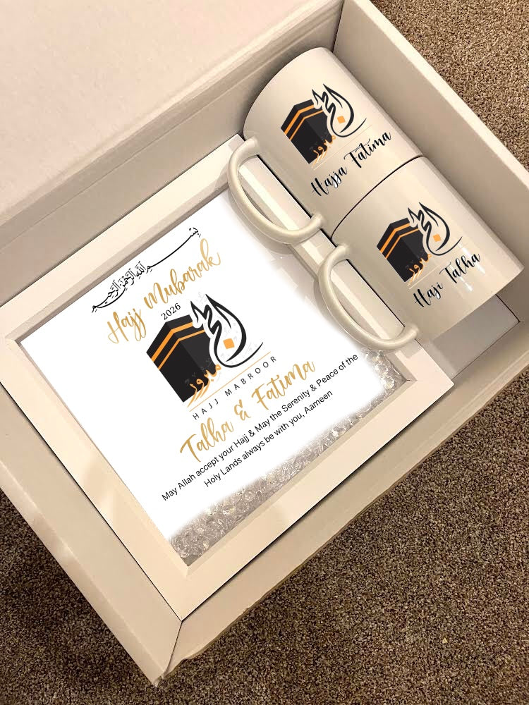 Personalised Hajj Mubarak Gift Set 2026 Haji Hajja Kabah Makkah Madinah Names Pilgrimage Dua Frame Mugs Couple Husband Wife Family Parents