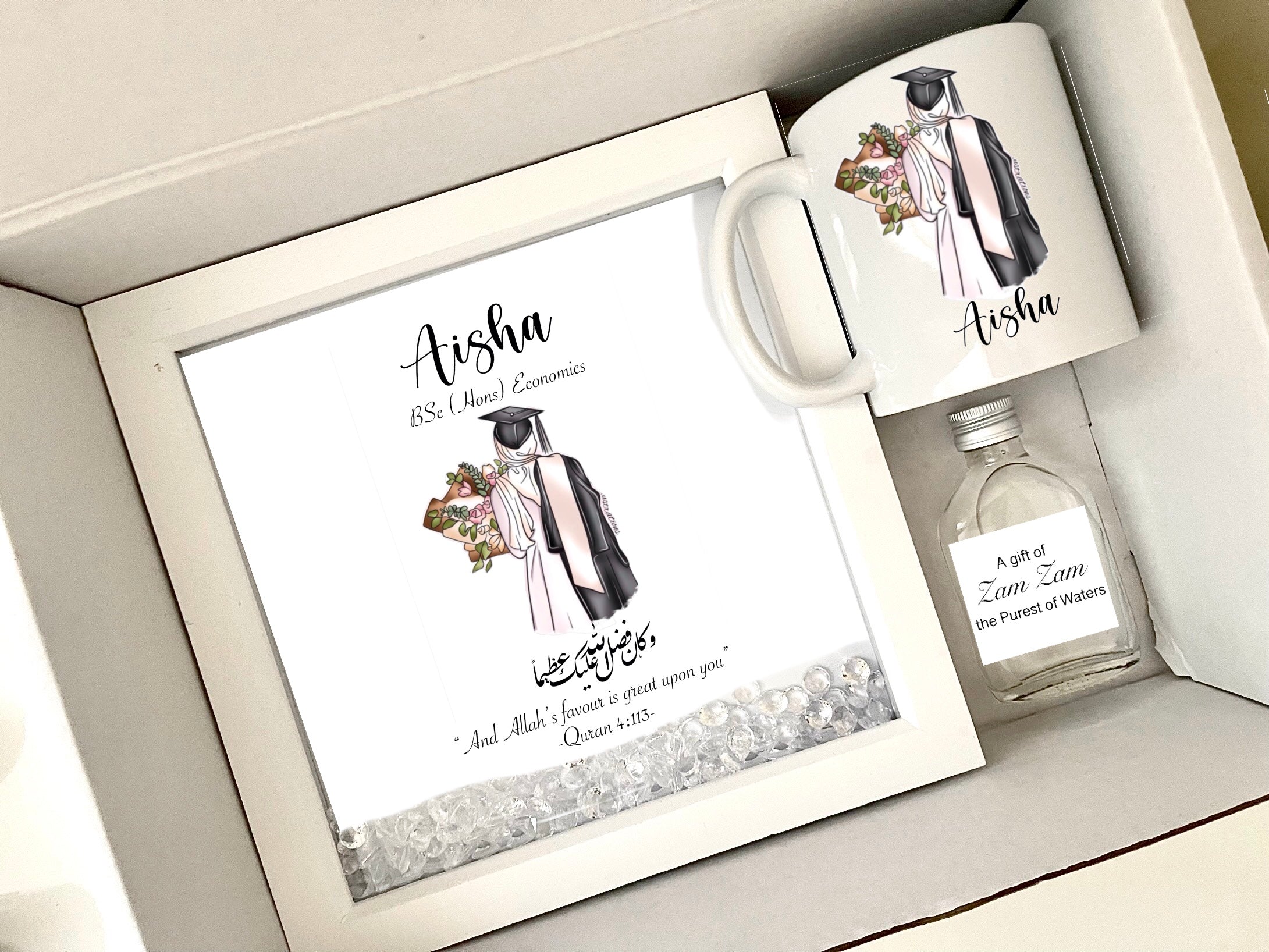Personalised Islamic Graduation Gift 2026 Grad Hijabi Woman Sister Friend for Her Mug Frame Zam Zam Bottle