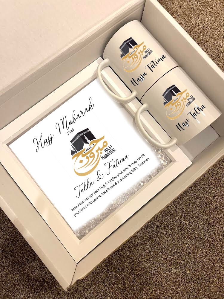 Personalised Hajj Mubarak Gift Set 2026 Haji Hajja Kabah Makkah Madinah Names Pilgrimage Dua Frame Mugs Couple Husband Wife Family Parents